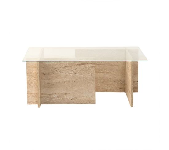 Table Basse Design Kinda L105cm Verre Transparent Et Effet Travertin Beige