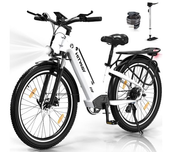 Vélo Électrique Vae, 26"x3.0, 250w E-bike, 48v 18ah, Shimano 7 Vitesse, Blanc