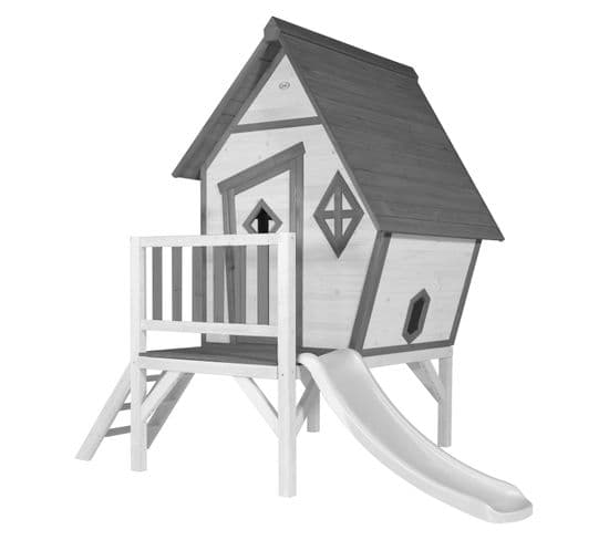 Cabin XL Maison Enfant Avec Toboggan Blanc   Aire De Jeux Pour L'extérieur En Gris et Blanc