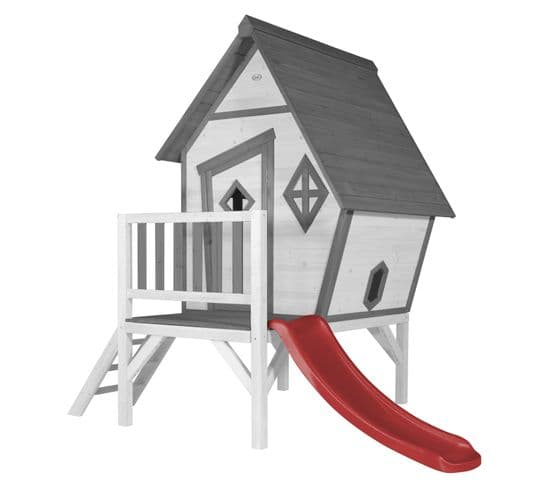 Cabin Xl Maison Enfant Avec Toboggan Rouge   Aire De Jeux Pour L'extérieur En Gris Et Blanc