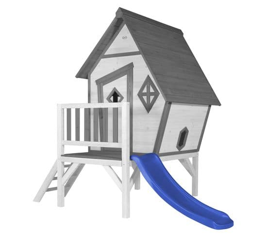Cabin Xl Maison Enfant Avec Toboggan Bleu   Aire De Jeux Pour L'extérieur En Gris Et Blanc
