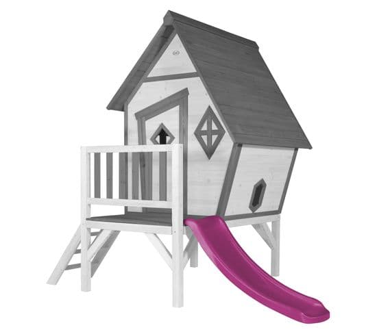 Cabin Xl Maison Enfant Avec Toboggan Violet   Aire De Jeux Pour L'extérieur En Gris Et Blanc