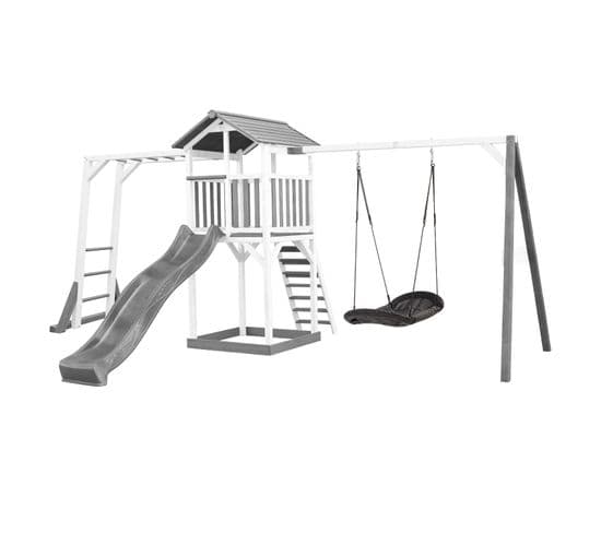 Beach Tower Aire De Jeux Avec Toboggan En Gris, Cadre D'escalade, Balançoire Nid D'oiseau Noir