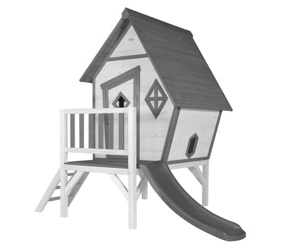 Cabin Xl Maison Enfant Avec Toboggan Gris   Aire De Jeux Pour L'extérieur En Gris Et Blanc