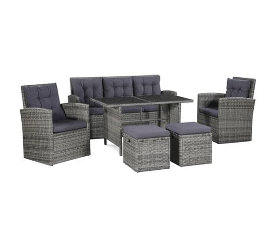 Salon De Jardin 6 PCs Avec Coussins Résine Tressée Gris