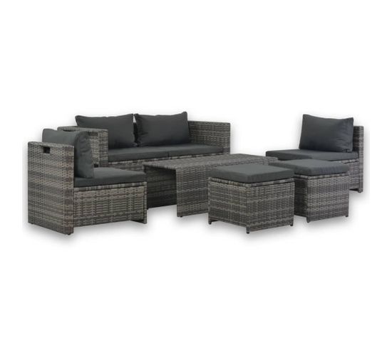 Salon De Jardin 6 PCs Avec Coussins Résine Tressée Gris