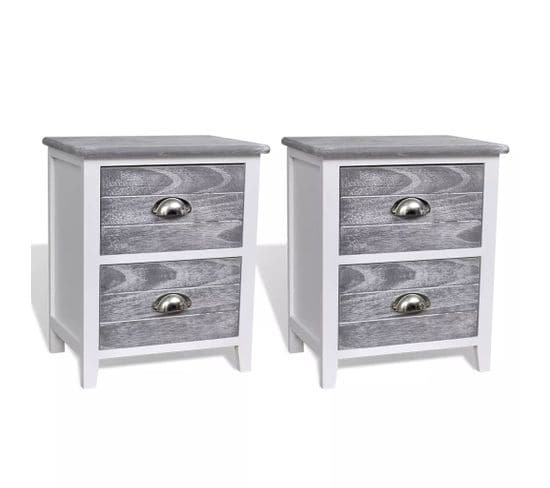 Table De Chevet 2 PCs Avec 2 Tiroirs Gris Et Blanc