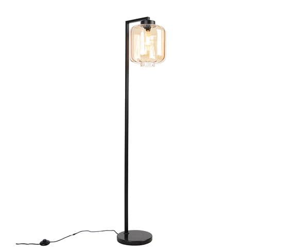 Lampadaire Design Noir Avec Verre Ambré - Qara