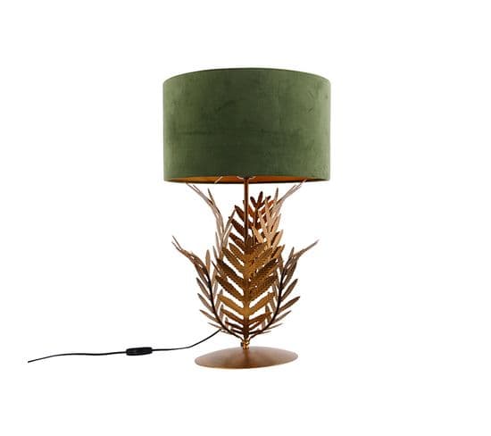Lampe De Table Vintage Or Avec Abat-jour En Velours Vert 35 Cm - Botanica