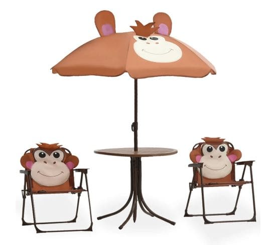 Petit Salon De Jardin Pour Enfant Avec Parasol Singe Rigolo - 38x28x50 Cm - Marron Clair