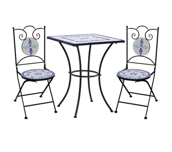 Table Et Chaises De Bistro 3 PCs Mosaïque Carreau Céramique Bleu Blanc