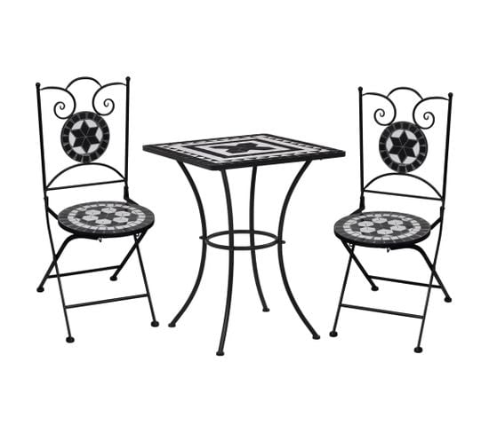 Table Et Chaises De Bistro Mosaïque 3pcs Carreaux Céramiques Noir/blanc