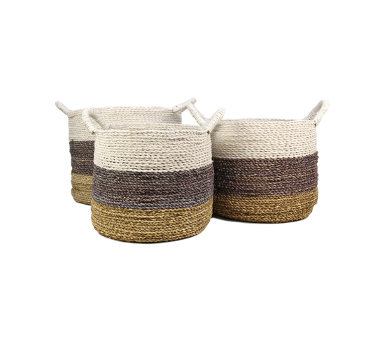 Malibu - Set De 3 Paniers De Rangement - Jonc De Mer - Naturel/pourpre/blanc - 36 X 30 X 36 Cm