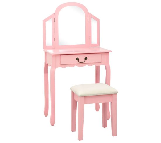 Coiffeuse Et Tabouret Rose 65x36x128 Cm Bois De Paulownia Mdf