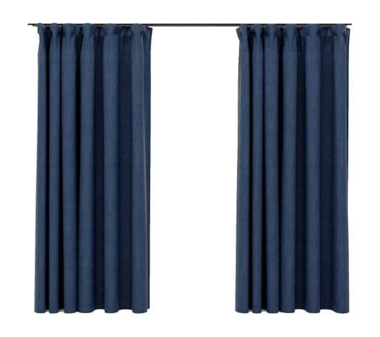 Rideaux Occultants Aspect Lin Avec Crochets 2pcs Bleu 140x175cm