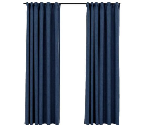 Rideaux Occultants Aspect Lin Avec Crochets 2pcs Bleu 140x225cm