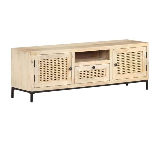 Meuble TV 120x30x40 Cm Bois De Manguier Et Canne Naturelle