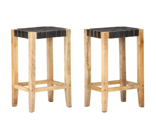 Tabourets De Bar Lot De 2 Noir Cuir Véritable 75 Cm