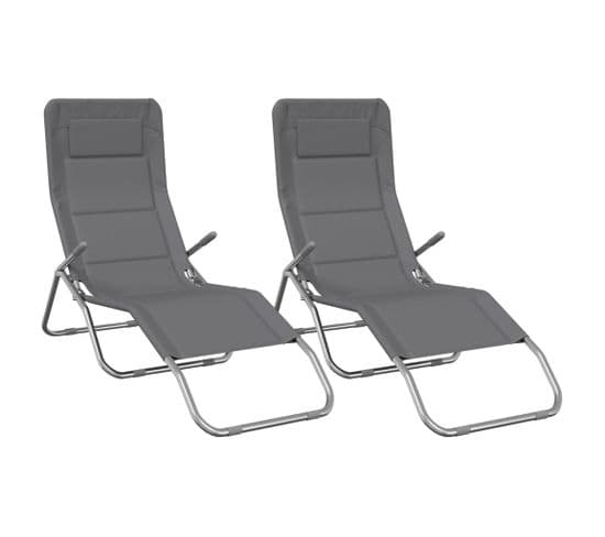 Chaises Longues Pliables 2 PCs Gris Textilène Et Acier