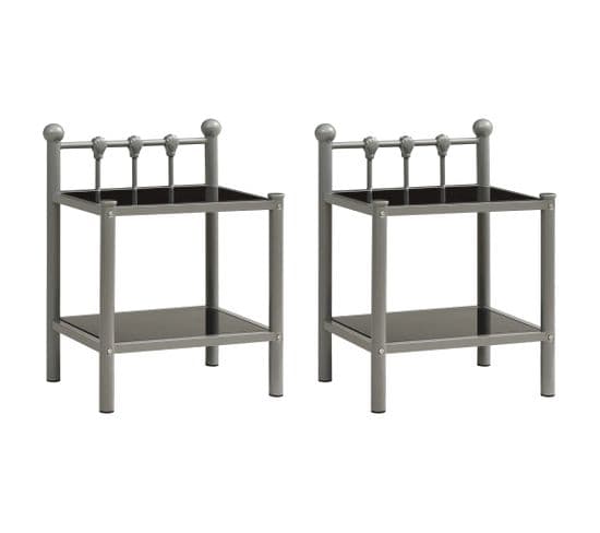 Tables De Chevet 2 PCs Gris Et Noir Métal Et Verre