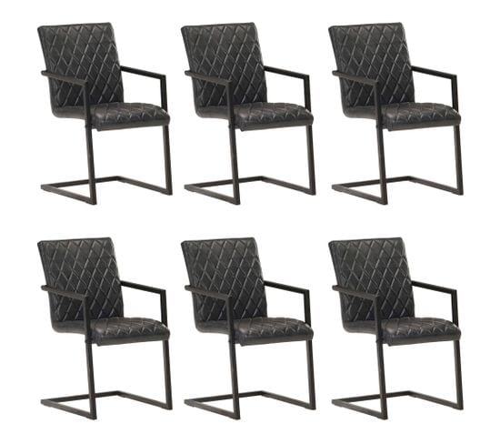 Chaises De Salle À Manger Cantilever 6 PCs Noir Cuir Véritable