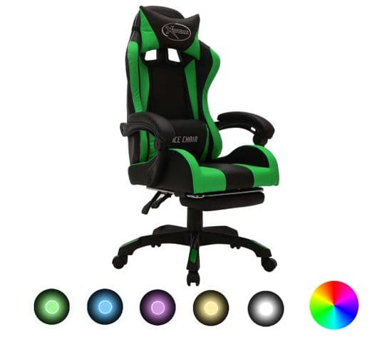 Fauteuil Gamer Avec LED Rvb Vert Et Noir Similicuir