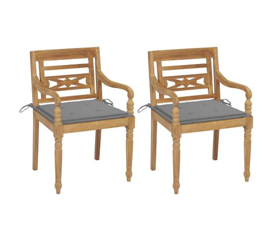 Chaises Batavia 2 PCs Avec Coussins Gris Bois De Teck Massif