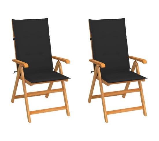 Chaises De Jardin 2 PCs Avec Coussins Noir Bois De Teck Massif