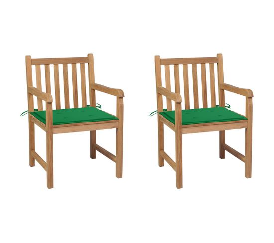 Chaises De Jardin 2 PCs Avec Coussins Vert Bois De Teck Massif