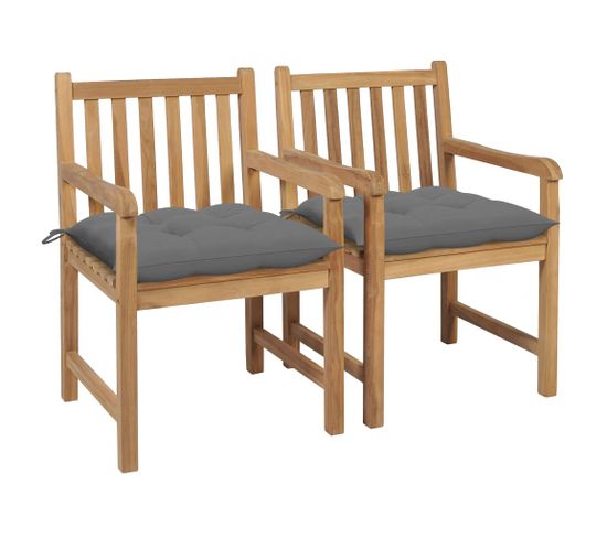 Chaises De Jardin 2 PCs Avec Coussins Gris Bois De Teck Massif