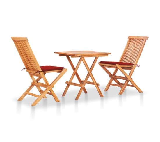 Ensemble De Bistro 3pcs Avec Coussins Rouge Bois De Teck Massif