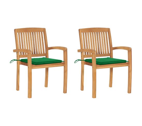 Chaises De Jardin 2 PCs Avec Coussins Vert Bois De Teck Massif