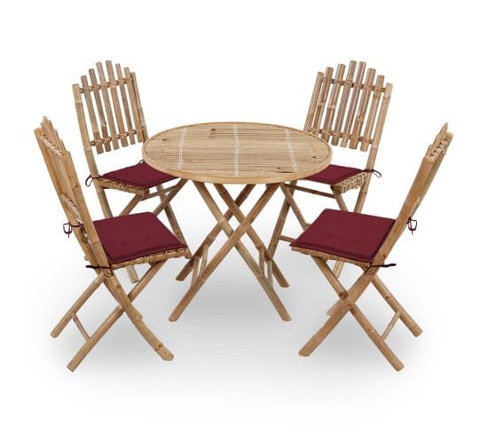 Mobilier À Dîner D'extérieur Pliable 5 PCs Avec Coussins Bambou