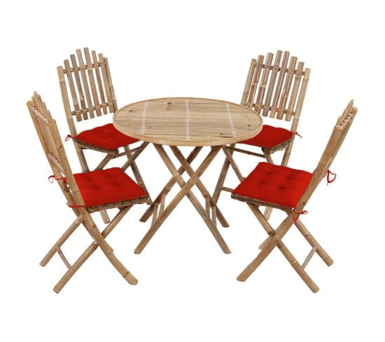 Mobilier À Dîner D'extérieur Pliable 5 PCs Avec Coussins Bambou