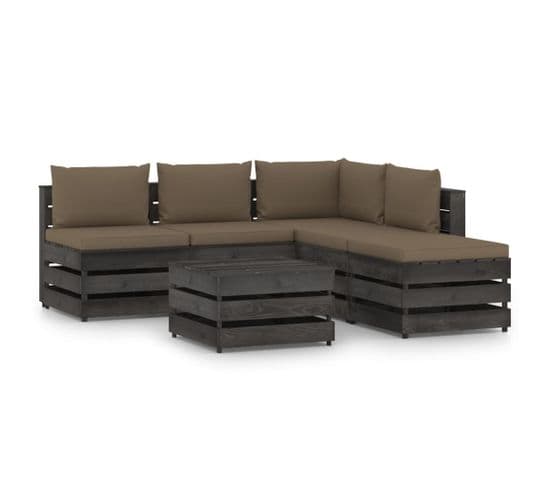 Salon De Jardin 6 PCs Avec Coussins Bois Imprégné De Gris