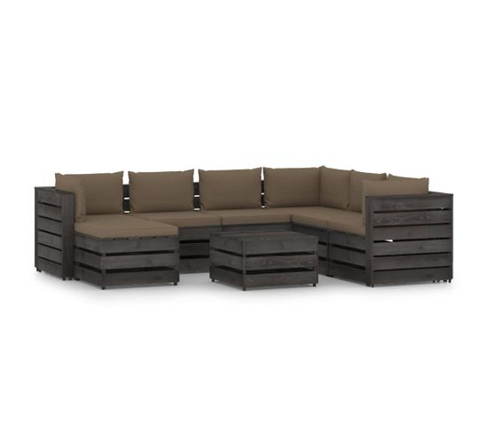 Salon De Jardin 8 PCs Avec Coussins Bois Imprégné De Gris