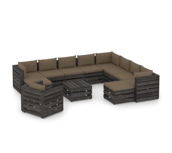 Salon De Jardin 12 PCs Avec Coussins Bois Imprégné De Gris