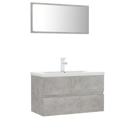 Meuble-Vasque De Salle De Bain Gris Béton Bois D'ingénierie + Miroir