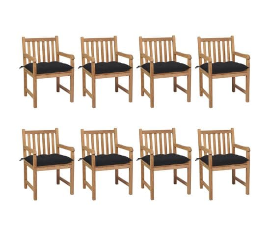 Chaises De Jardin 8 PCs Avec Coussins Noir Bois De Teck Solide