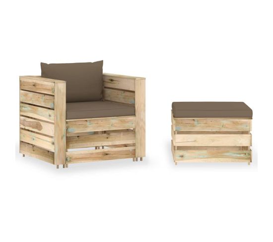 Salon De Jardin 2 PCs Avec Coussins Bois Imprégné De Vert