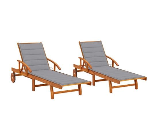 Chaises Longues 2 Pièces Avec Coussins Bois D'acacia Solide