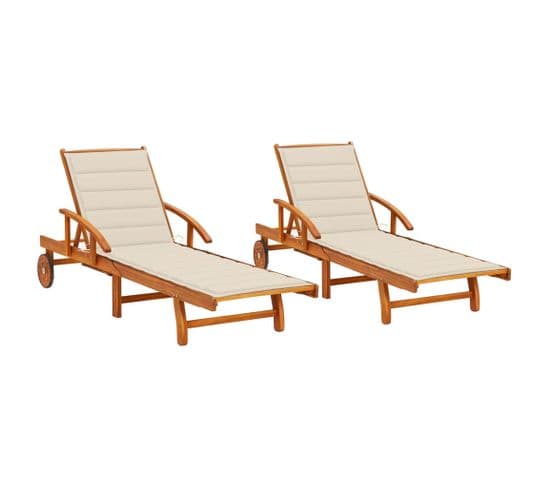 Chaises Longues 2 Pièces Avec Coussins Bois D'acacia Solide