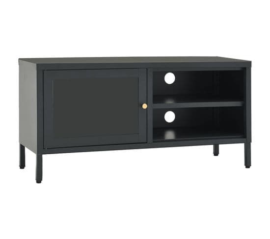 Meuble TV Anthracite 90x30x44 Cm Acier Et Verre