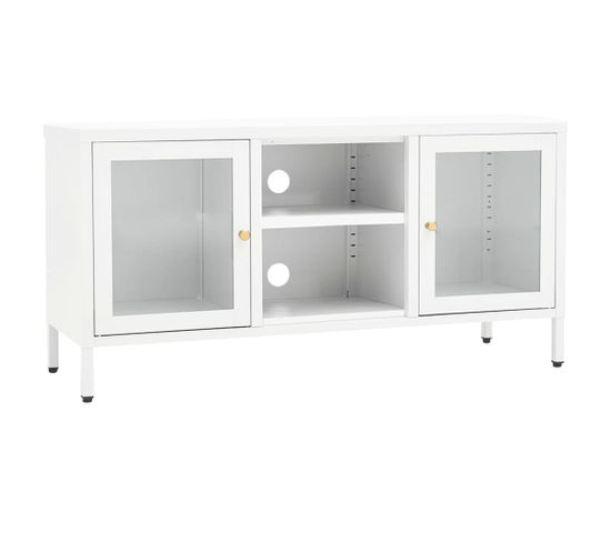 Meuble TV Blanc 105x35x52 Cm Acier Et Verre