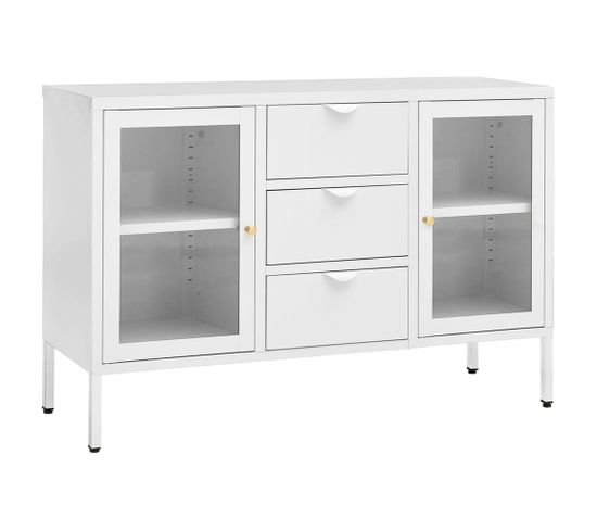 Buffet Blanc 105x35x70 Cm Acier Et Verre Trempé