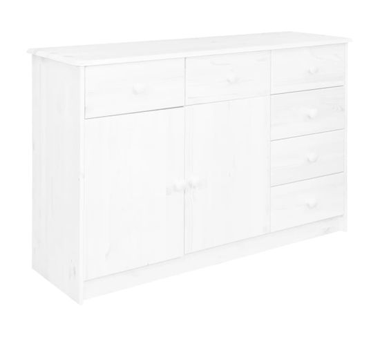 Buffet 6 Tiroirs Blanc 113x35x73 Cm Bois De Pin Massif