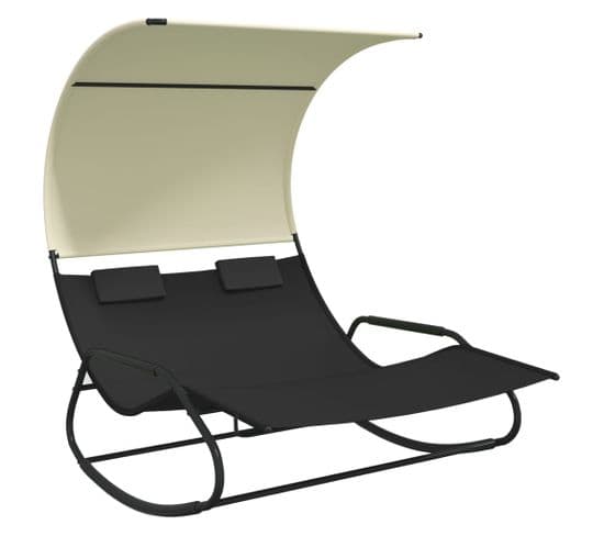 Chaise Longue Double à Bascule Avec Auvent Noir Et Crème