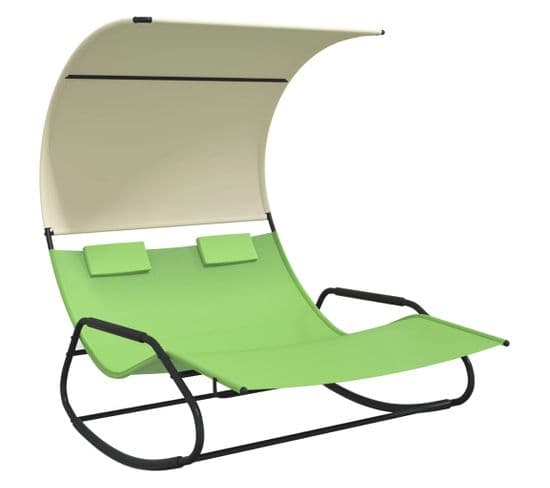 Chaise Longue Double à Bascule Avec Auvent Vert Et Crème