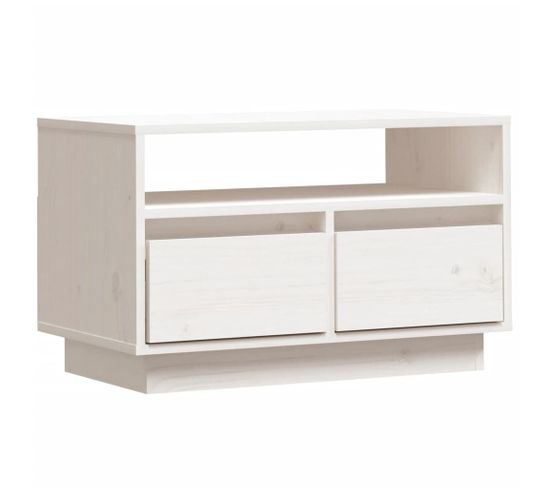 Meuble TV Blanc 60x35x37 Cm Bois De Pin Massif