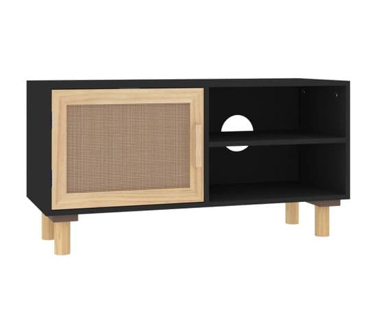 Meuble TV Noir 80x30x40 Cm Bois De Pin Massif Et Rotin Naturel